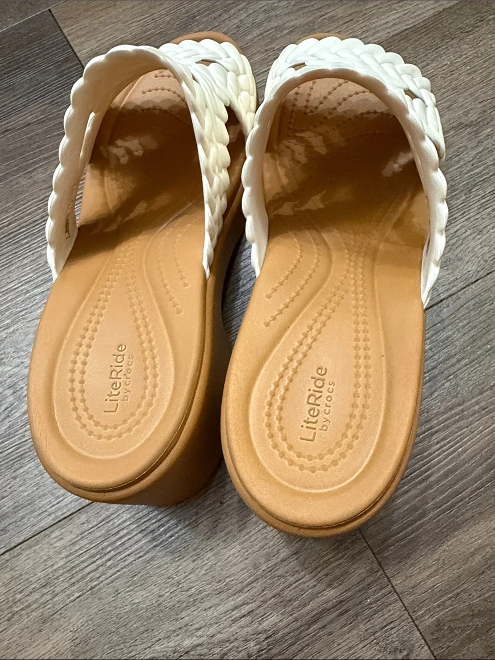 White Woven Slide Sandals with Tan Platform - LiteRide